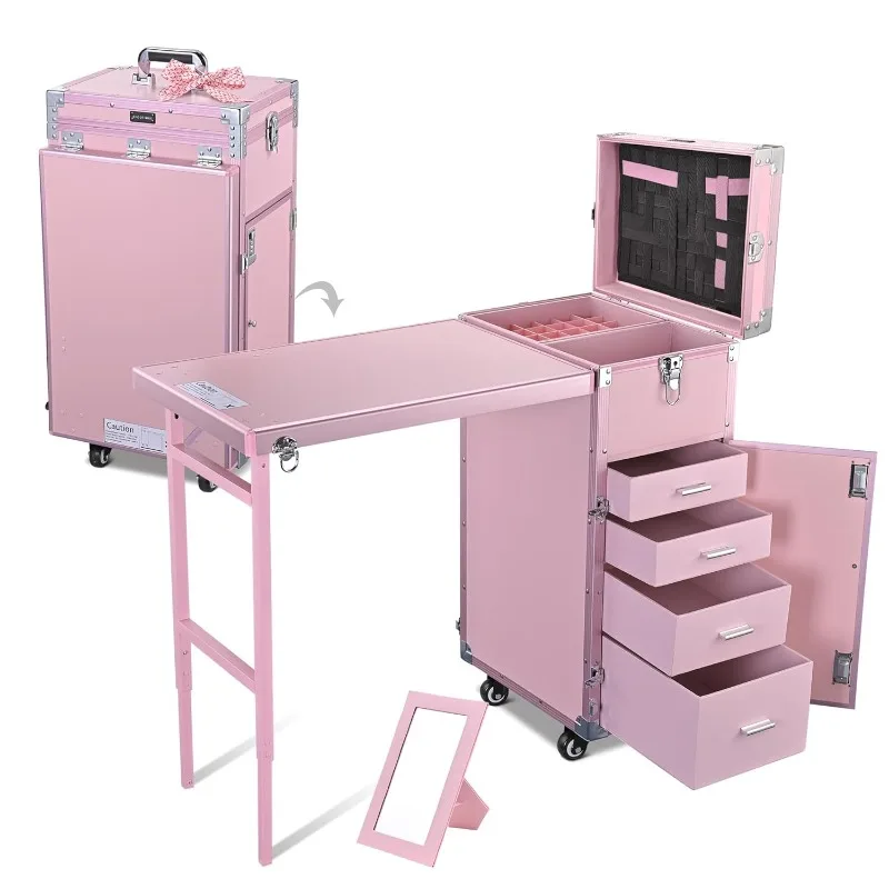 Rolling Manicure Table Portable Nail Table Foldable Nail Desk Travel Makeup Train Case Cosmetic Trolley Storage Organizer