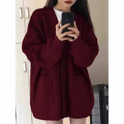 Korean Fashion Female Red Lazy Wind Loose Fitting V-neck Cardigan Knitting Sweater Women New Korean Cardigans Knitwear Tops Coat