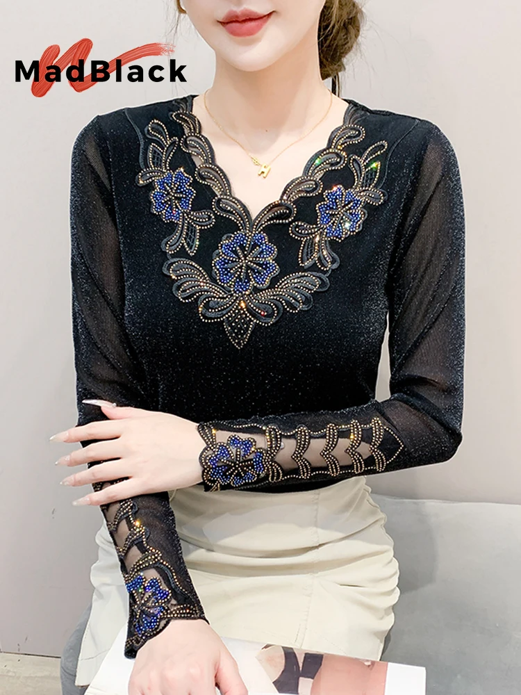 

MadBlack-Women's European T-Shirt, Sexy V Neck Embroidery Diamond, Streetwear Long Sleeve Slim S-3XL Tee, 2025 Autumn T59635CC