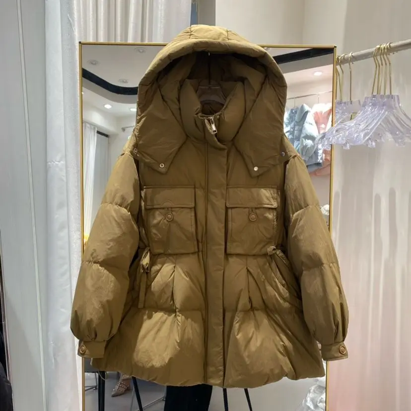 Doudoune à capuche coupe-vent pour femme, manteau chaud, poche adt, vêtements d'extérieur, parkas, hiver