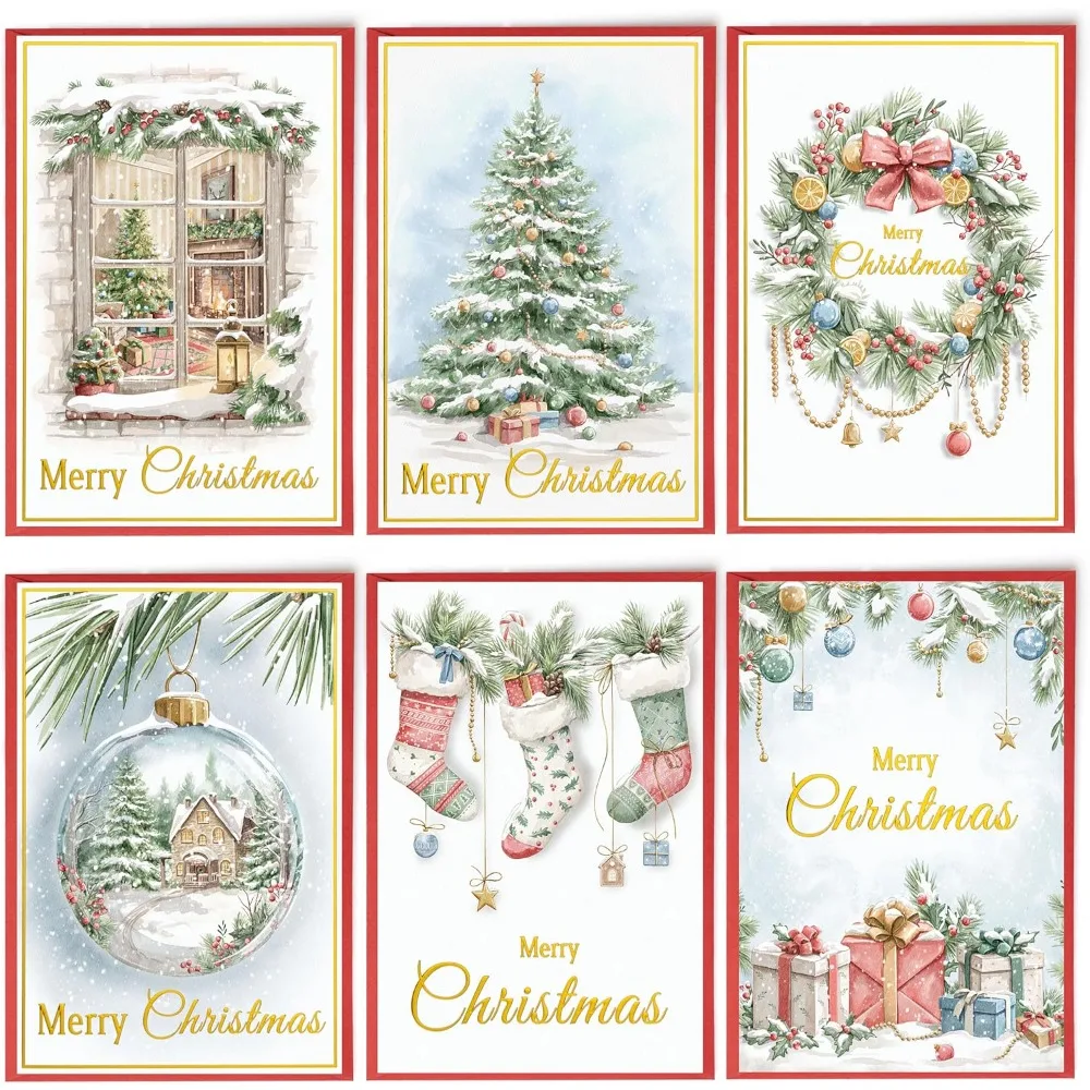 

24 Christmas Cards Assortment, Festive Gold Foil Glitter Watercolor Bulk Xmas Cards with Envelopes & Messages - 6 Patterns