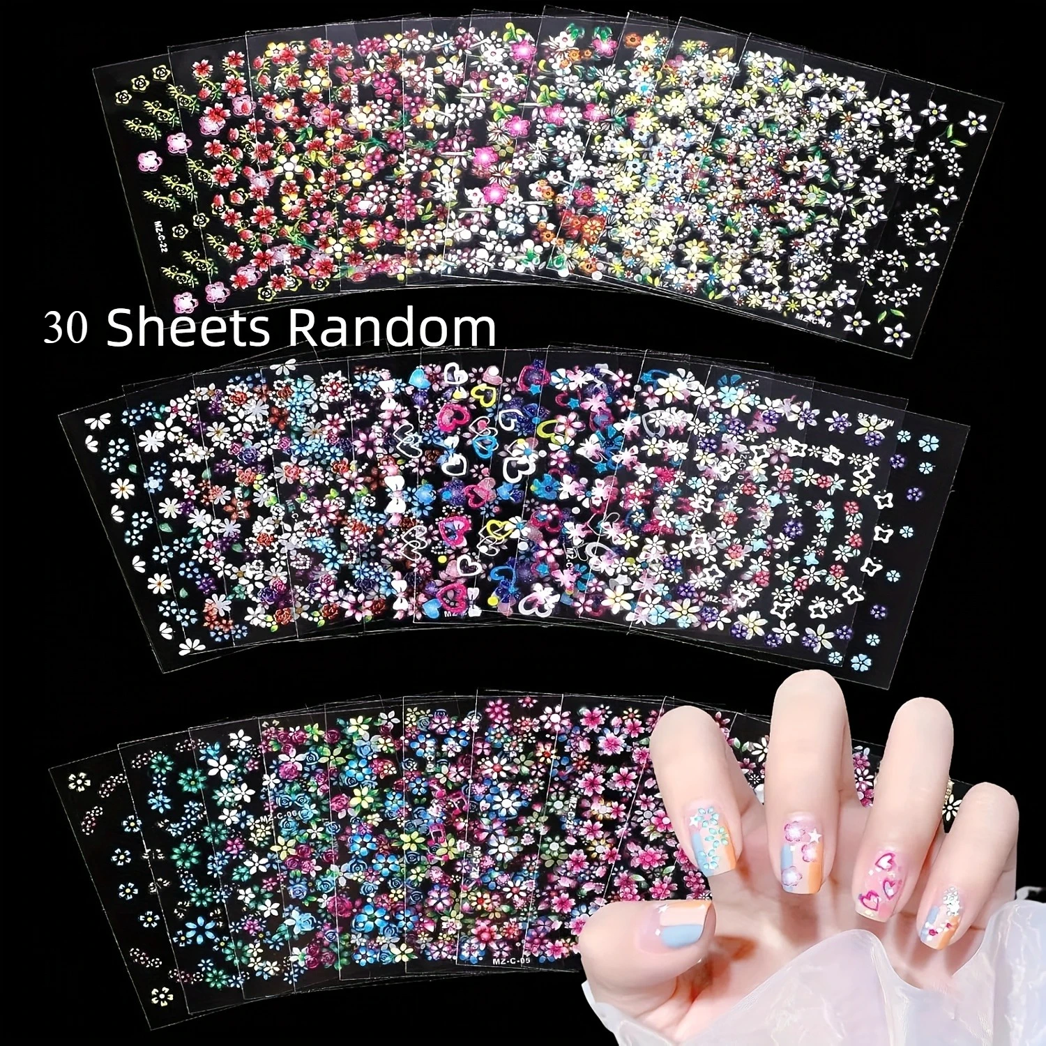 30 stuks (kies hoeveelheid) glanzende nagelstickers - zelfklevend, bloemen, pastel en felle kleuren - permanente decoratie voor nagels