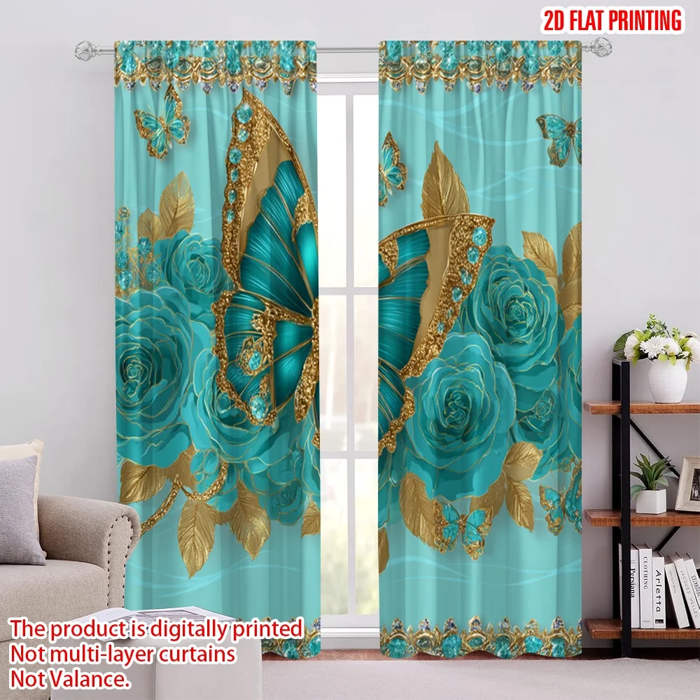 

2pcs 2D flat printing Drapes Teal Butterfly Roses Diamond Digital Printed Polyester Drapes Party Decorations Use for Holiday