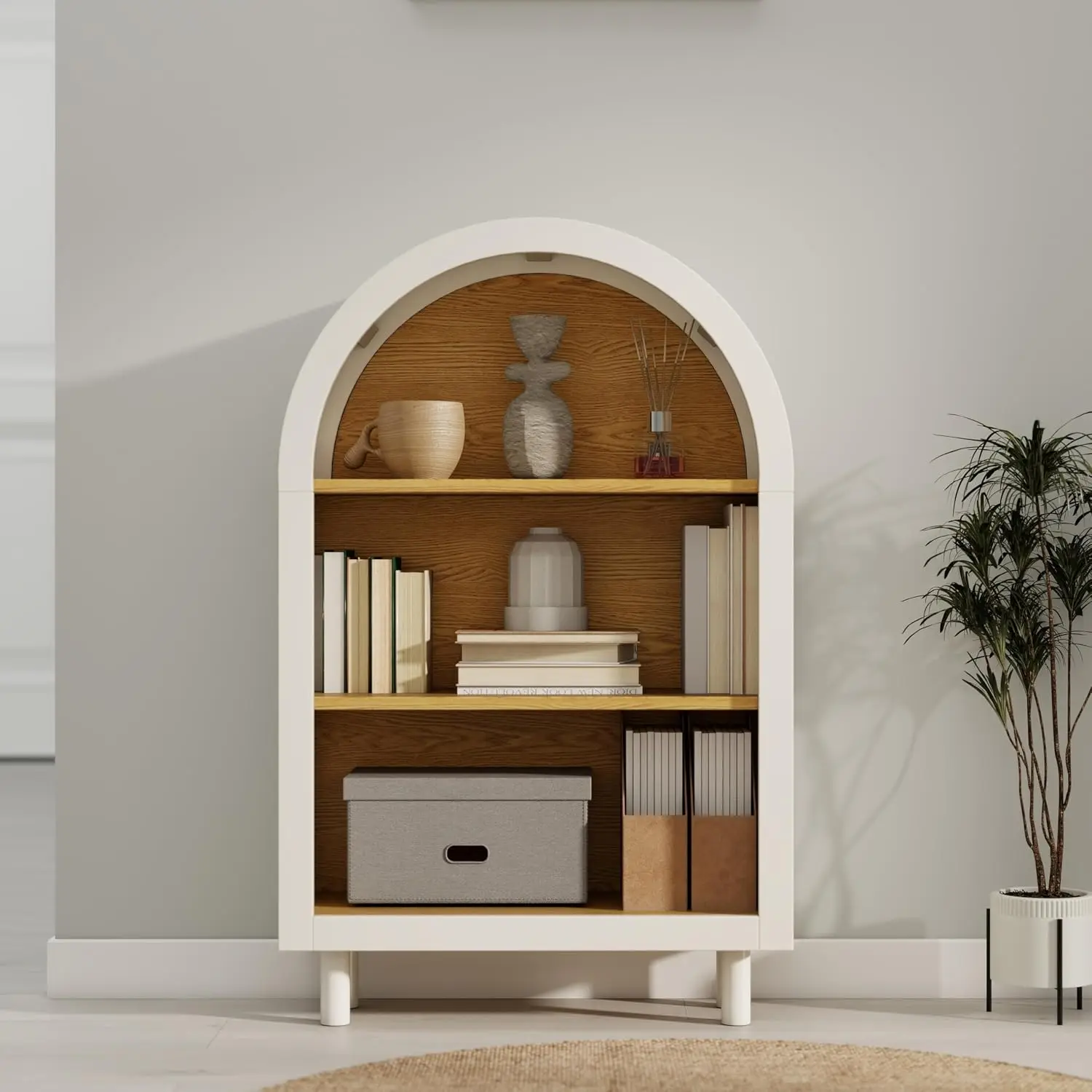 Small Arched Bookcase Display Cabinet With Storage Shelves, Wooden Bookshelf For Living Room Kitchen & Office, 37.4