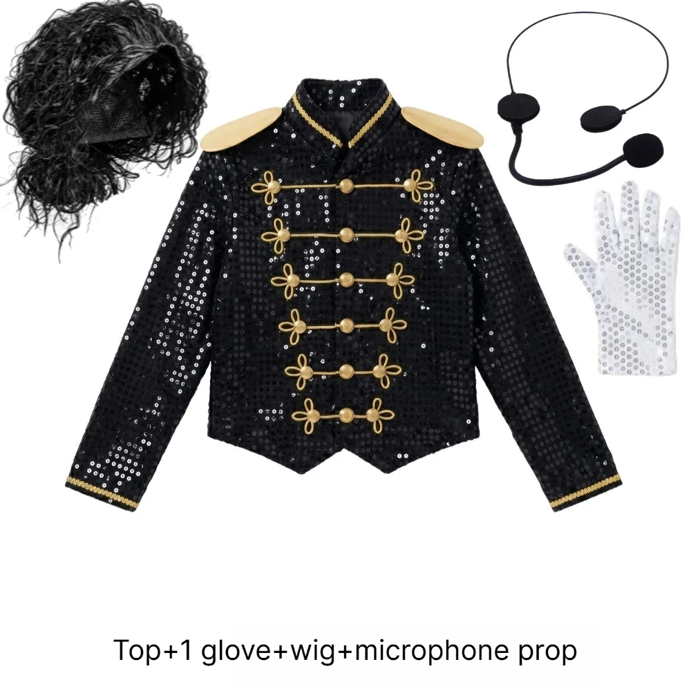 Disfraces de Cosplay de Cantante y Bailarín Superestrella del Pop de los 70s y 80s, Novedad, Trajes de Cosplay de Halloween para Niños con Peluca y Chaqueta Negra