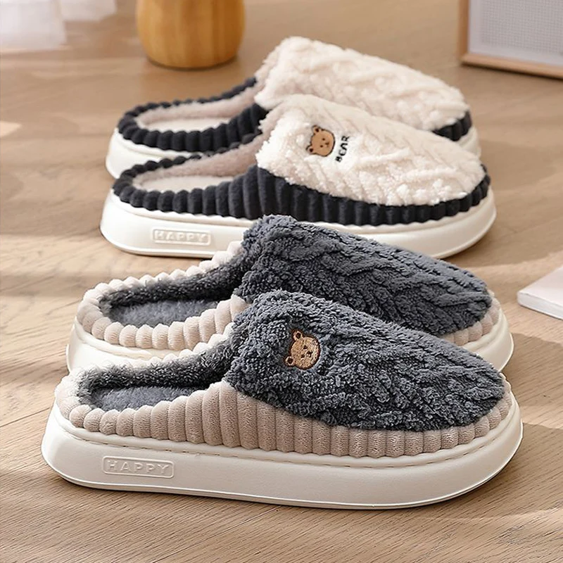 Men's Women's Winter Warm Cartoon Bear Slippers Closed Toe Non Slip Plush House Shoes Couple Indoor Bedroom Cotton Slippers