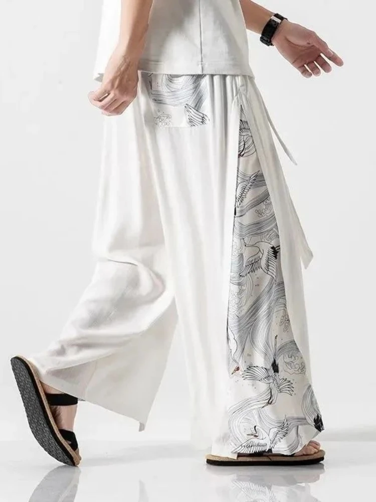 Sommerliche chinesische Eisseide Weite Hosen für Herren mit Taillengürtel, plissiert, lässig, Strand, Oversize, Harajuku Streetwear, Neu, Baumwolle Leinen – Detail 2
