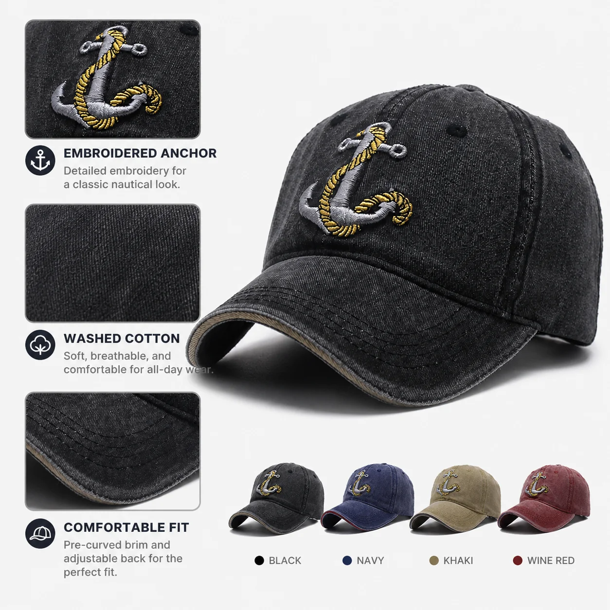 Gorra de Béisbol con Bordado de Ancla Náutica, Gorra de Mezclilla Lavada Estilo Dad Hat, Retro, para Navegación, Verano, Aire Libre, Unisex, con Cierre a Presión, Gorra Hombre