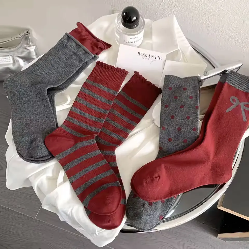 

Красные полосатые средние носки для женщин с бантом, длинные повседневные хлопковые носки для женщин, удобные женские длинные носки, зимние Au