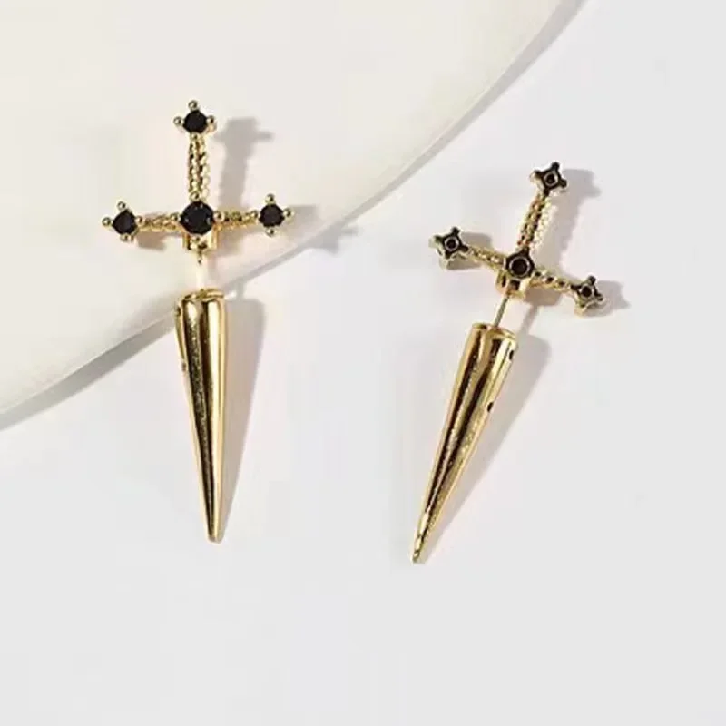 Jewelry Punk Sword Gothic Kinitial Piercing Earrings for Women Men Goth Crystal Ear Jacket Dagger Stud Earrings Jewelry