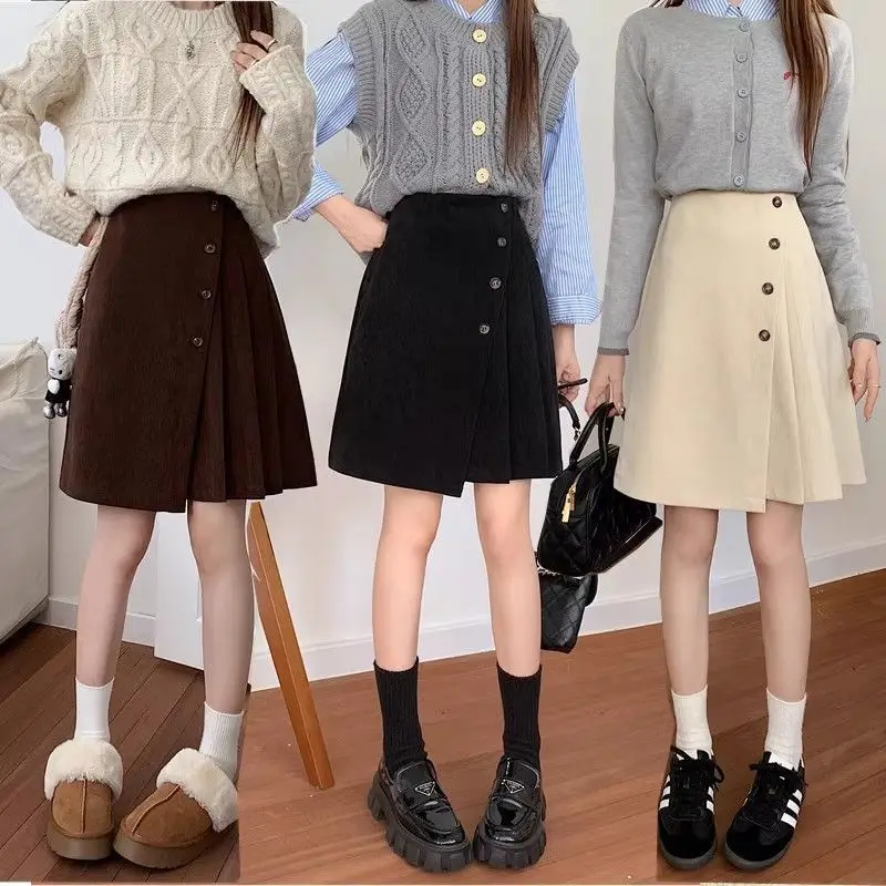 Skirts Knee-Length Women Pure Temperament Corduroy Stylish Casual A-Line Slim Femme Design Chic Soft Mujer