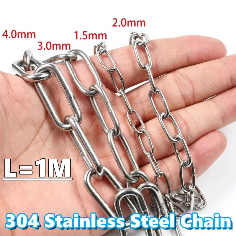 1.2mm~12mm 304 Stainless Steel Chain Metal Link Chains Fit For Camping Hanging Pet Leash Chains Prevention Theft Chain Length:1M