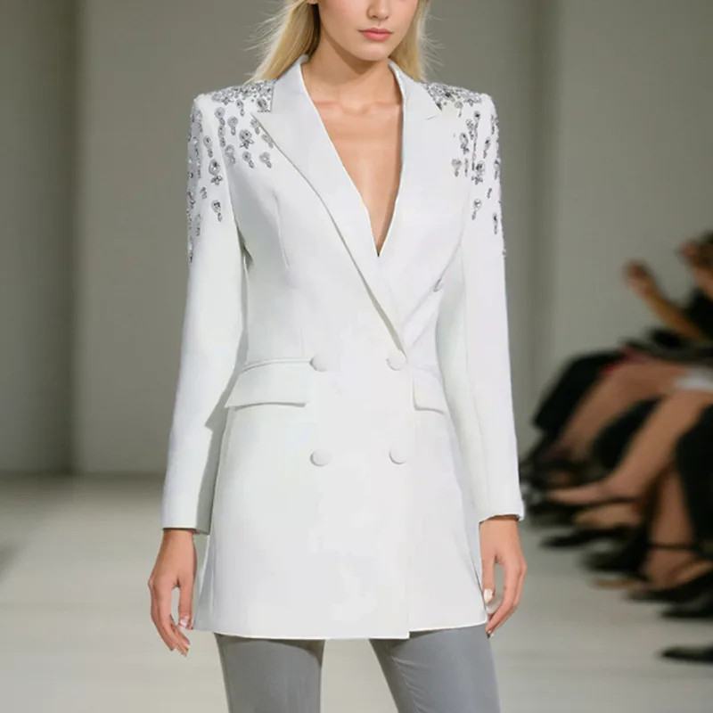 HKSH ฤดูใบไม้ร่วงใหม่ผู้หญิงแฟชั่น Elegant Heavy Craft Studded เพชรแขนยาว Double Breasted Pocket Coat Stylish Blazer HK8455