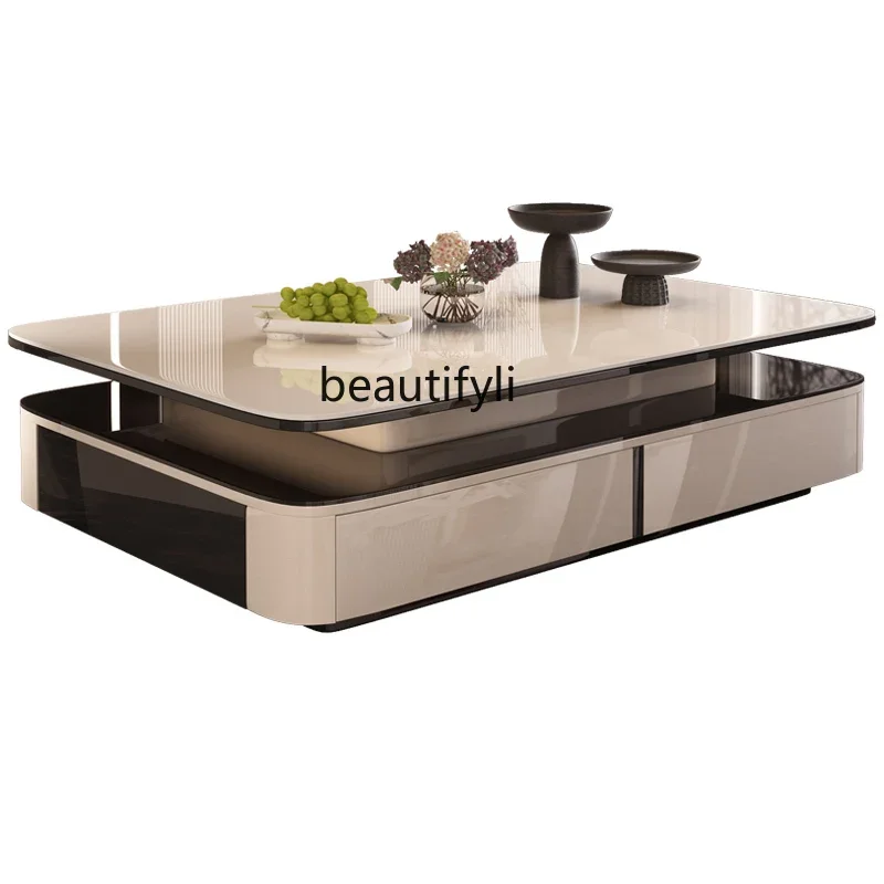 

Rock slab coffee table double-layer living room household light luxury high-end tea table villa large flat tea table