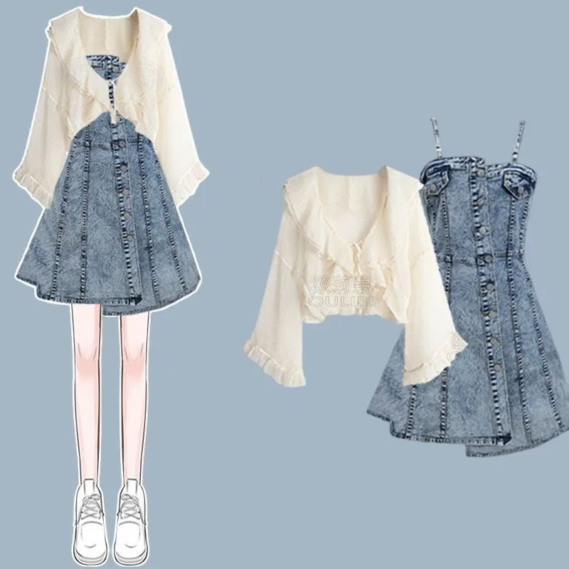 Women's Summer New Vintage Denim Skirt Matching Set 2025 Korean Elegant Chiffon Sunscreen Shirt Top+Sling Dress Two Piece Suit