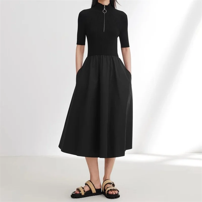 

fashion summer dresses 2024 New Elastic knitted patchwork short sleeved long dresses Tencel blend half high collar Midi dresses