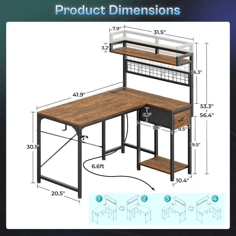 مكتب ألعاب على شكل حرف L مع أرفف طاولة كمبيوتر زاوية تتميز بمصابيح LED ومنافذ طاقة مدمجة ومنافذ USB مقاس 42 بوصة Rever