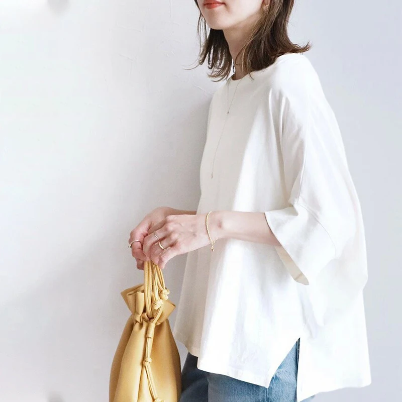 Loose Oversized Cotton T-irt Women's Lazy Sle Casual Splitting Top Korean Sle round Ne Seven Sve Summer irt