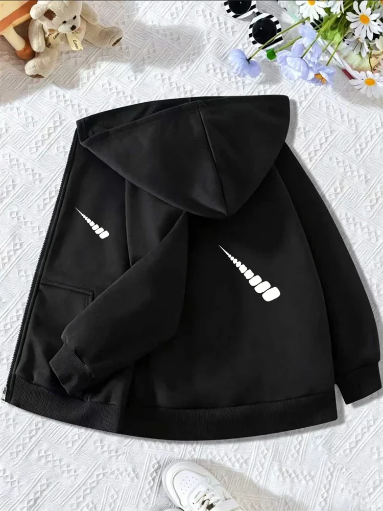 Children Full Zip Hooded Sweatshirt Simple Black And White Meteor Line Pattern Loose Daily Kids Outerwear With Front Pocket