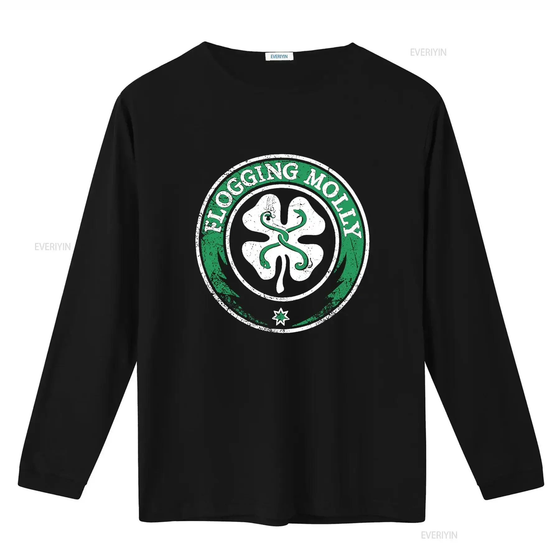 Flogging Molly Mens Rock and Roll Music Classic Band T Shirt New Black with Four Leaf Clover Snake Design vintage Washed