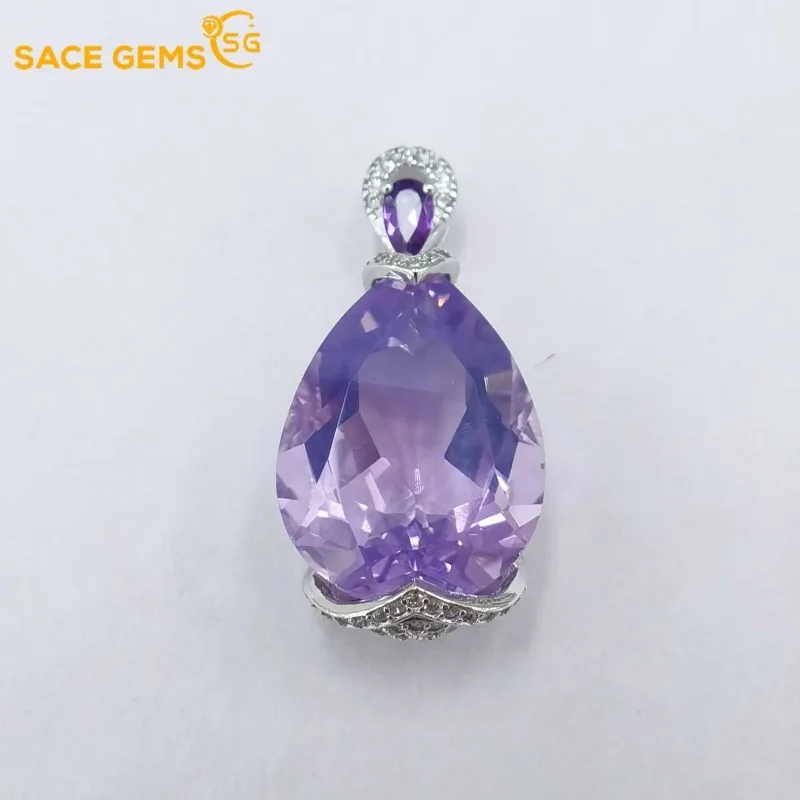 

SACEGEMS 925 Sterling Silver Certified 15*20MM Natual Lavender Crystal Pendant Necklaces for Womne Engagement Party Fine Jewelry