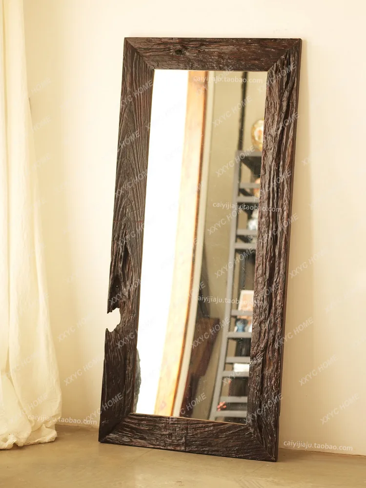 Wabi Sandy Wind Solid Wood Floor Mirror Weathered Wood Full Mirror Homestay Hotel Square Mirror Customized Log Style Furniture