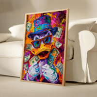 Colorful duck money art poster. Graffiti style wall decoration. Modern pop art. Abstract rich design. Vibrant street d