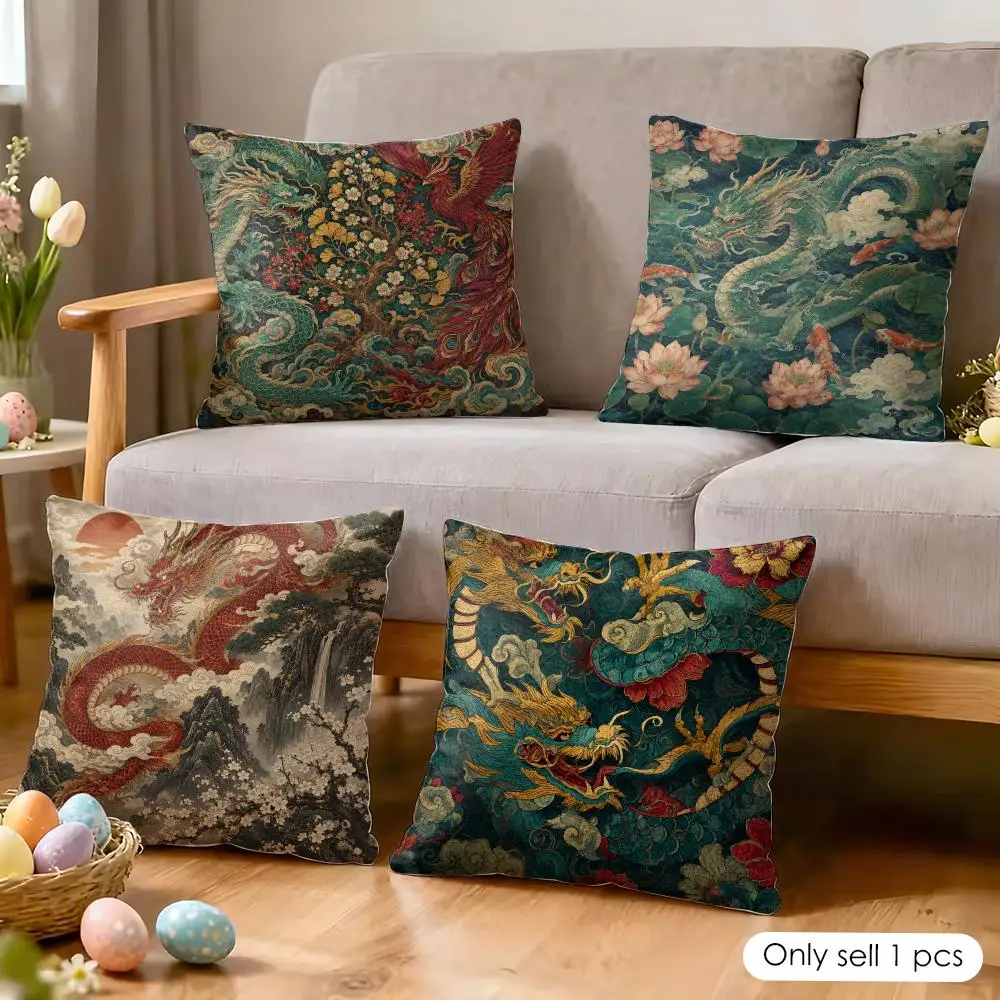Oriental Dragon Tapestry Cushion Cover Soft Short Plush Pillow Cover Smooth Cozy Texture Aesthetic Cushion Case Home Decor