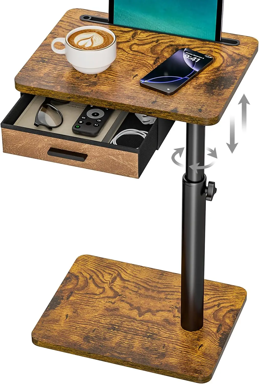 

TV Tray Table with Drawer & Swivel Top, Height Adjustable C-Shape End Table for Bedside, Sofa, Living Room – Patent Pending