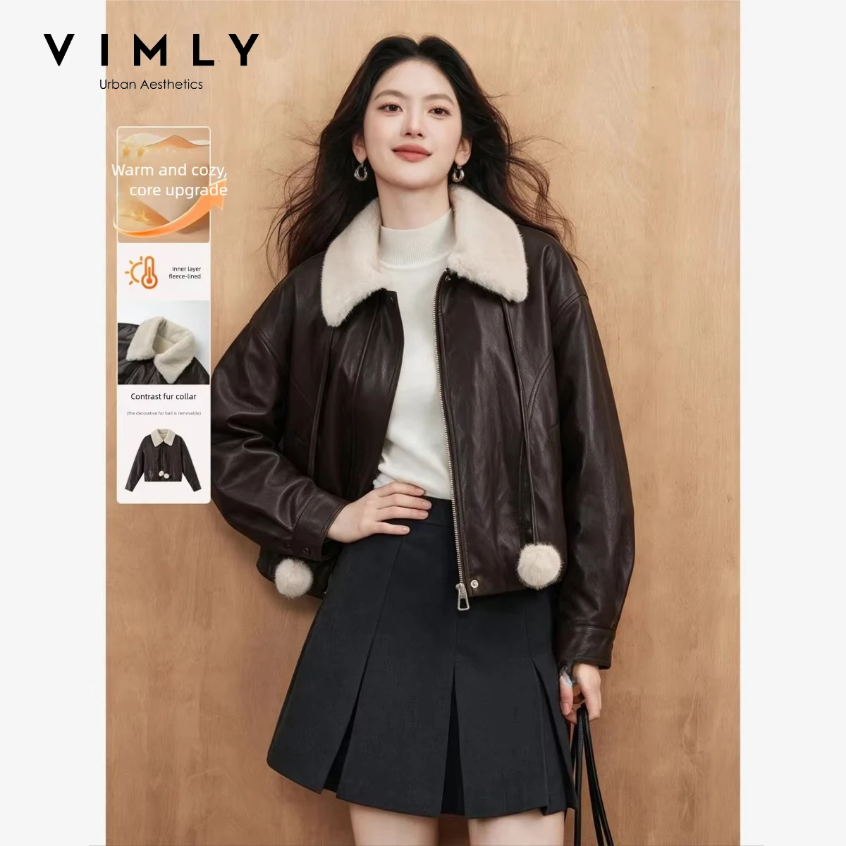 VIMLY Color Block Fleece Collar Coat for Women 2026 Winter New Meladine Coffee Biker Jacket Vintage Elegant Leather Jacket 31927