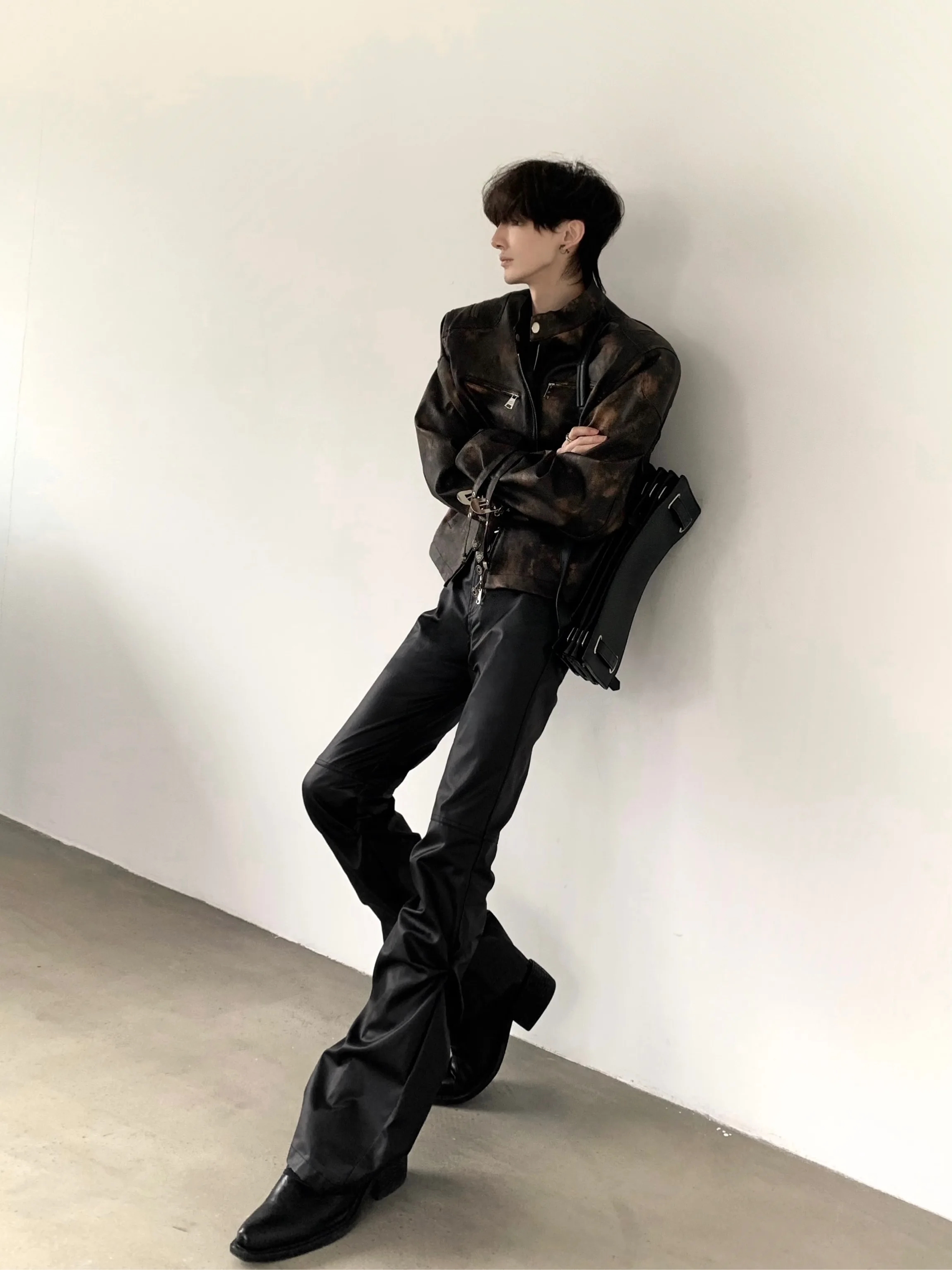 Autumn Mountain Wind Visual Style Heavy Decomposition Leather Jacket Men's Punk Design Shoulder Pad Outerwear Subculture