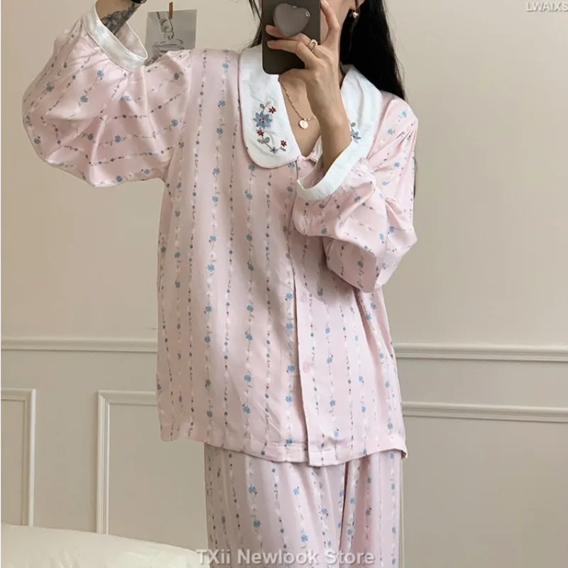 TXii Newlook Korean-style Flower Embroidered Lapel Girl\'s Pink Gentle Sweet Home Wear Thin Long-sleeved Pants Pajamas for Autumn