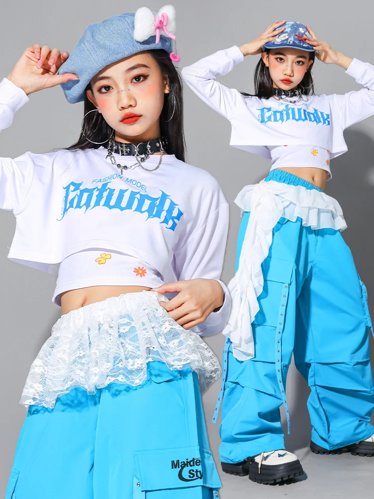 

Одежда для джазовых танцев Kpop для девочек, костюм с длинными рукавами и пупком, синие брюки-карго, костюм для уличных танцев в стиле хип-хоп, костюм для группового выступления BL18032