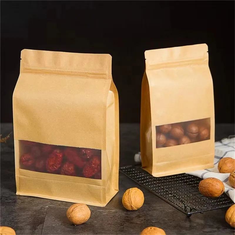 1000Pcs/lot Brown Stand up Paper Window Packaging Bag Snack Cookie Tea Packaging Frosted Window Bag Gift Bags Pouches Wholesale