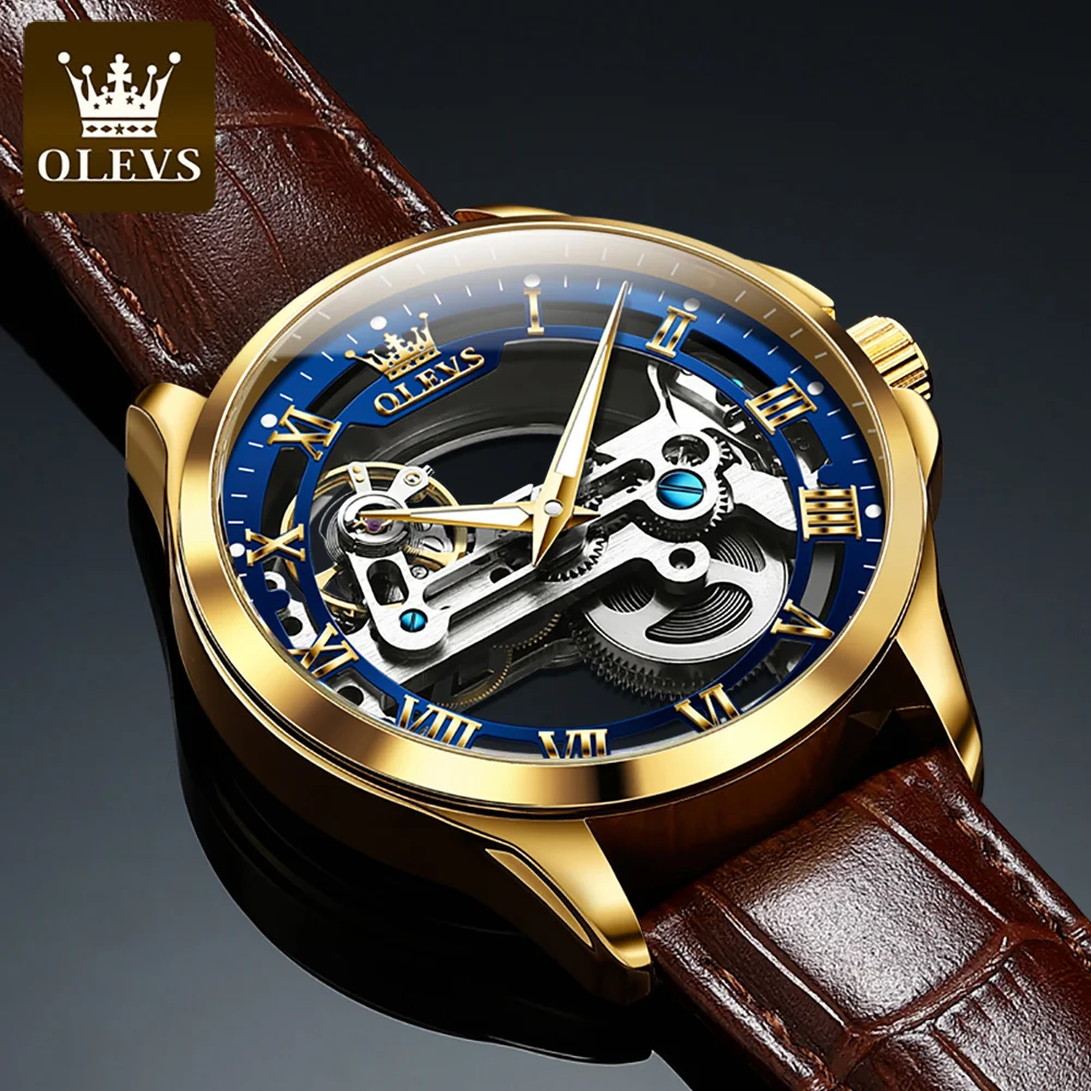 OLEVS 6661 Full Transparent Skeleton Flywheel Automatic Mechanical Mens Watch Leather Strap Luxury Brand Original Man Wristwatch