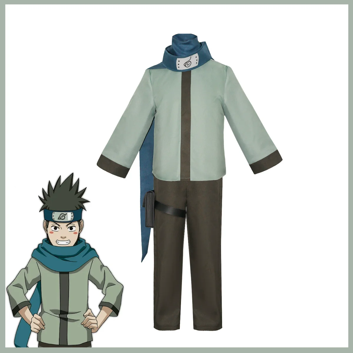Xqanime sarutobi konohamaru cosplay traje casaco verde topos uniforme conjunto completo cachecol bandana adulto homem halloween terno de natal