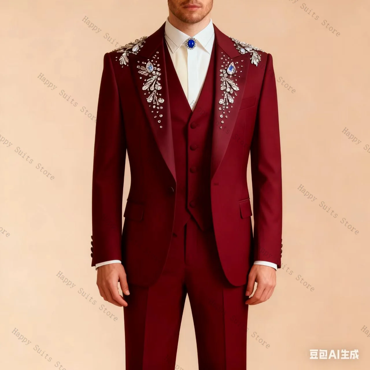 الأزرق بلورات الرجال دعوى مجموعة 3 قطعة سترة + السترة + السراويل بنطلون مكتب رسمي معطف القطن الزفاف البدلات الرسمية سترة مخصصة الزي