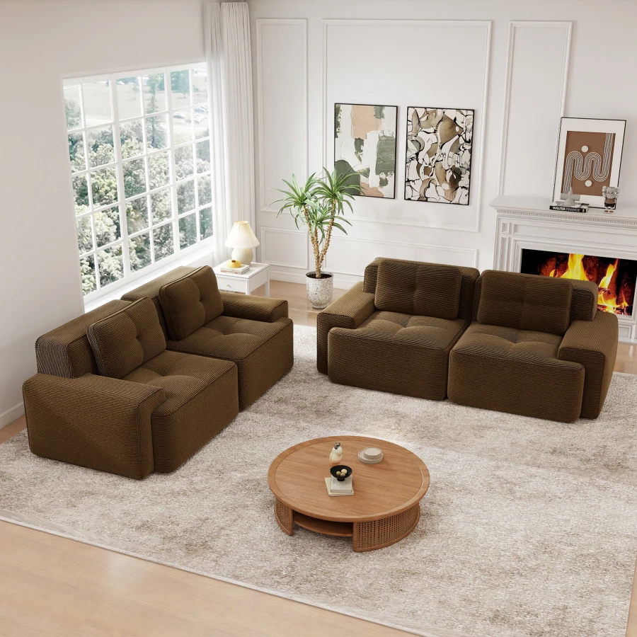 A set of two double-seat sofas, crafted with Corduroy Fabric, Pearl-like piping, Tufted Design, No Assembly, Anti-slip Design,