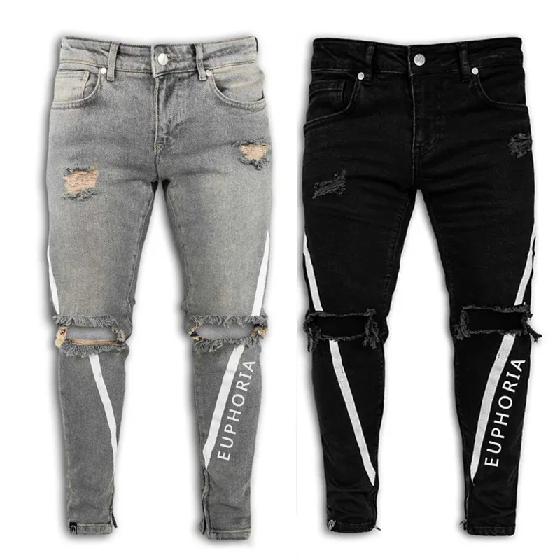 Nice Pop Men Stretch Ripped Pants Streetwear Mens DenimJeans Men Elastic Waist Skinny Jeans Printing  Locomotive  Jeans