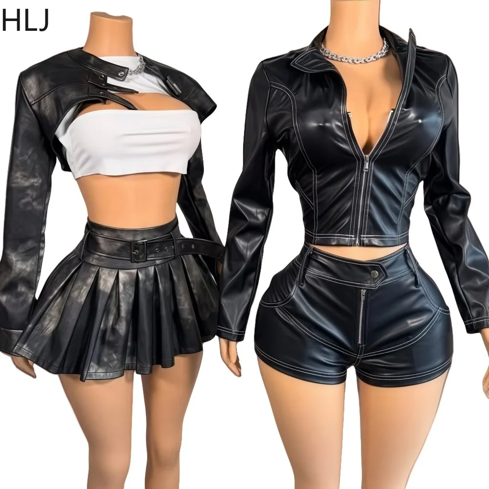 HLJ Fashion Leather Two Piece Set for Woman Black Zipper Long Sleeves Crop Jacket And Pleated Skirt Female Streetwear 2025 New