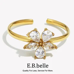 White Zircon Five petal Flower Opening Ring Hypoallergenic 18K Gold Plated Jewelry 316L Stainless Steel Decoration