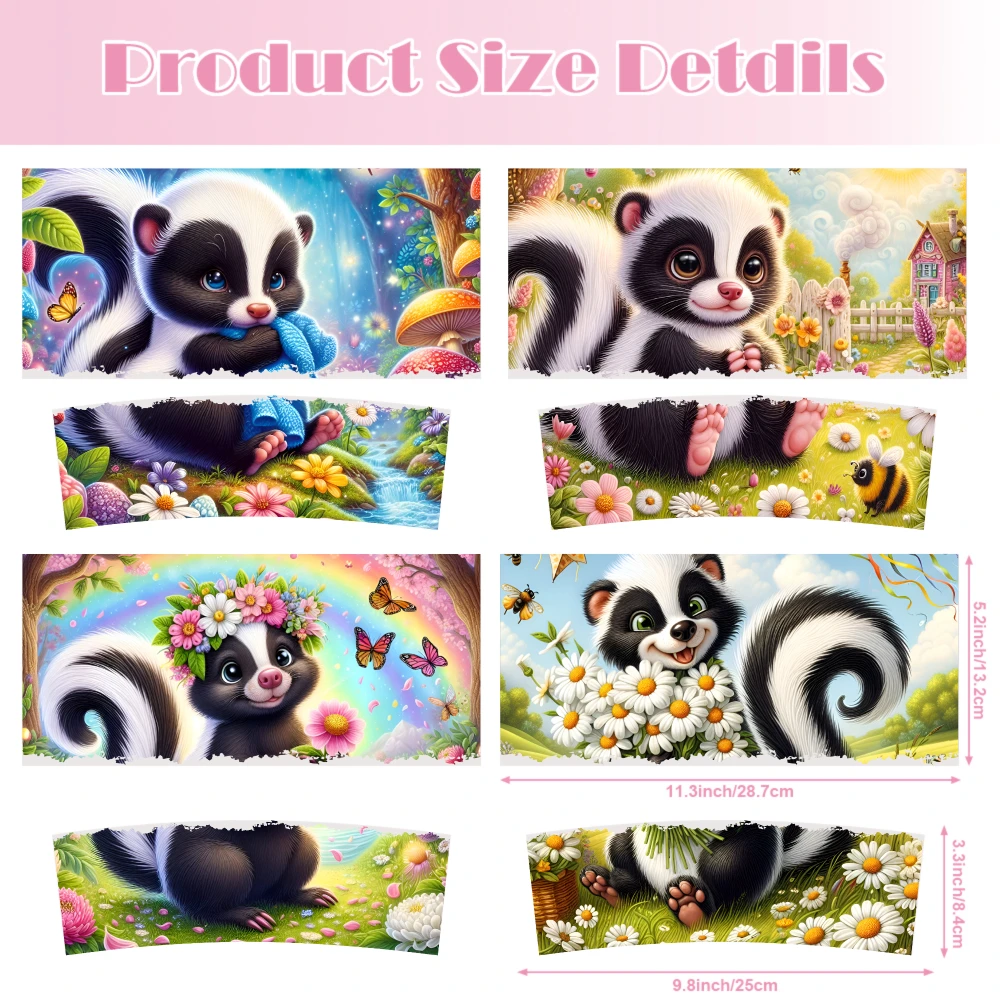 4 Sheets Skunk Flower Butterfly Garden Rainbow House Bee Mushroom UV DTF Stickers for 40oz Tumblers Vinyl Decal Set Waterproof