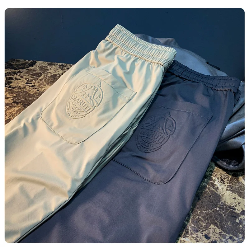

Summer ice silk casual pants for men, trendy embroidery drawstring sports and casual versatile quick drying pants