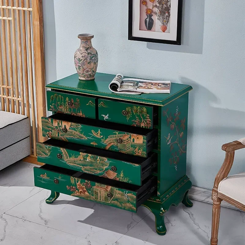 Solid Wood Chest of Drawers Retro Painted Side Cabinet Bedroom Wall Locker Bedside Storage Drawer Cabinet for Home