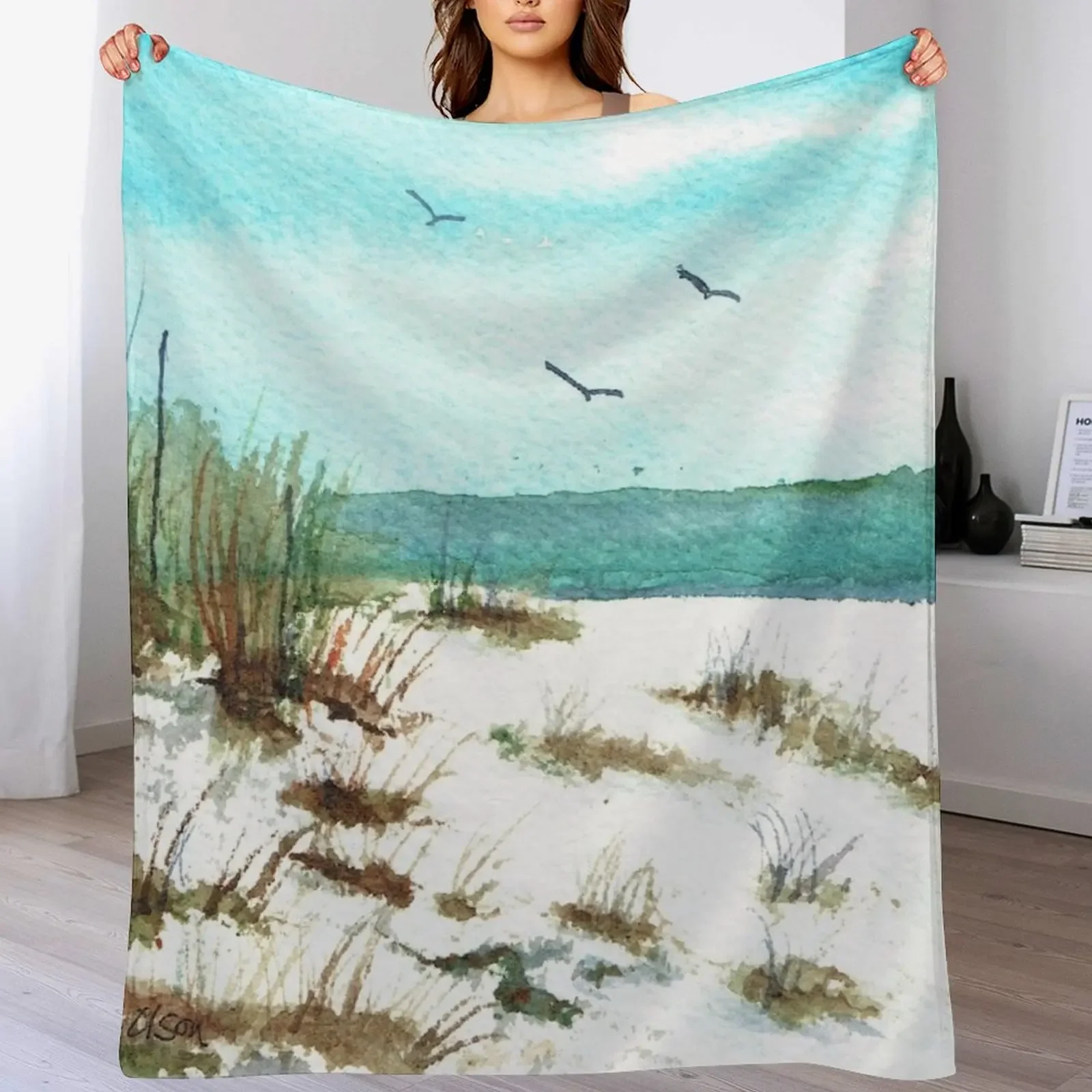 Sandy Beach with Birds #redbubble #beach Throw Blanket Anti Shedding Soft Fuzzy Blanket for Home