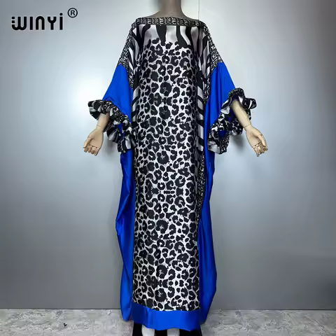 WINYI summer Leopard print evening dress abaya dubai luxury Female loose holiday kaftan muslim woman clothing beach dress