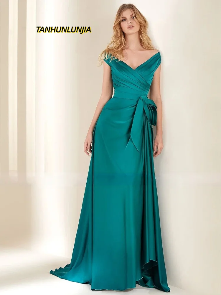 

Emerald Green Evening Dress Satin Off the Shoulder A Line Gowns for Women V Neck Sleeveless Bow Prom Customized