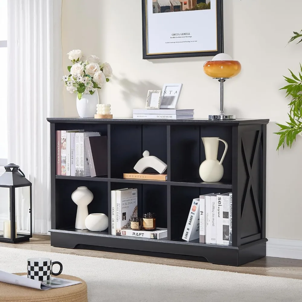 Black 6-Cube Bookshelf for Kids, Storage Organizer Bookcase, Long Shelving Unit for Toys and Books