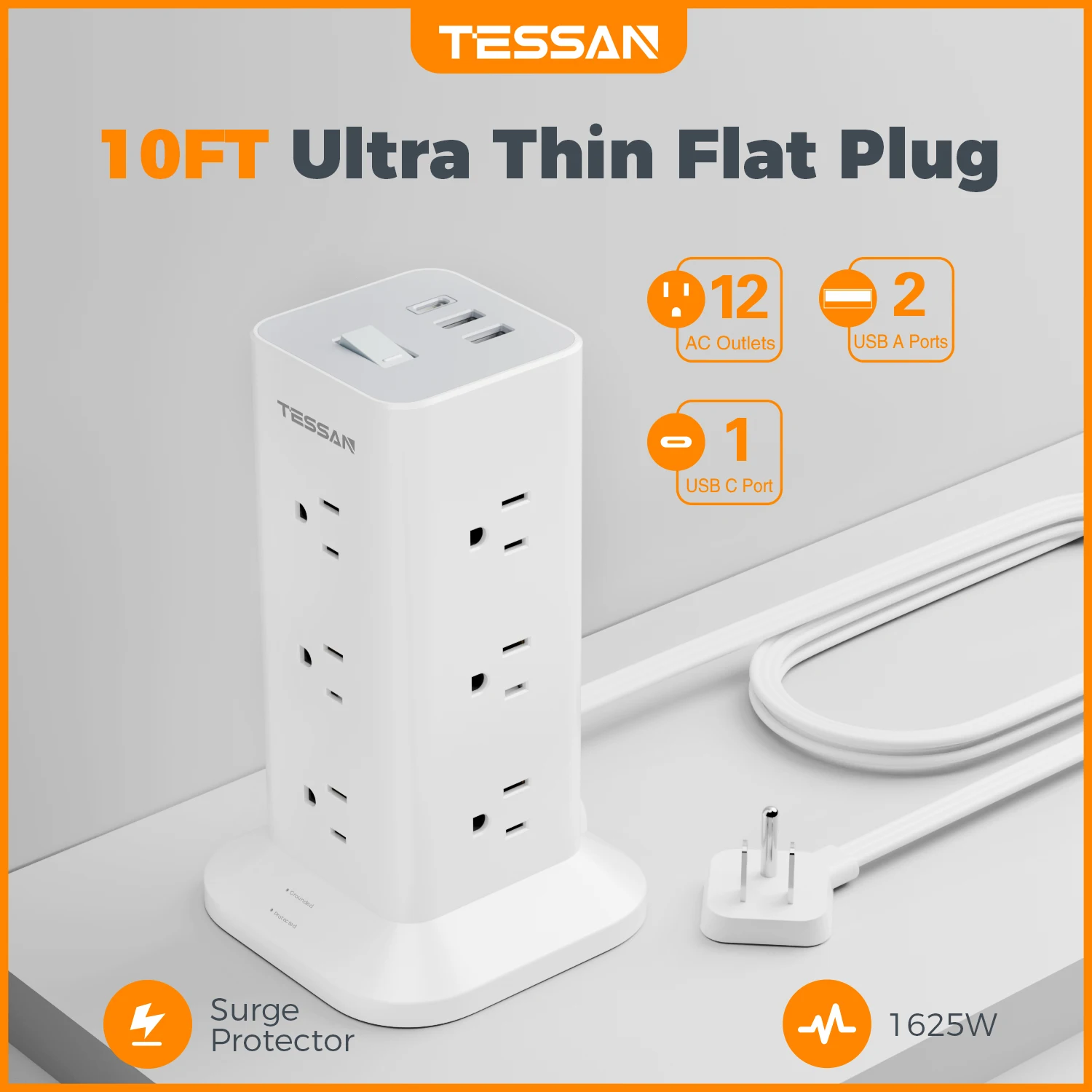 Power Strip Tower with Surge Protection TESSAN Flat Plug Extension Cord 6 Feet with 12 Multiple Outlets 3 USB Ports (1 Type C)