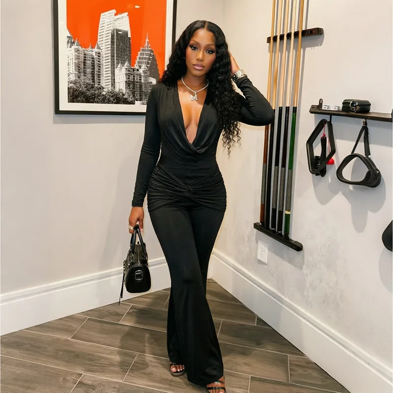 Women Fashion Solid Twist Ruched Patchwork Slim Flare Jumpsuits Swinging Collar Full Sleeve Booty Lifting Casual Overalls